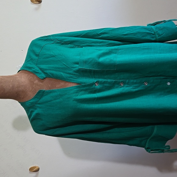 NWT Ashley Stewart Green Button Front V-Neck Shirt Size 16 Tie Wide Cuff Hi-Low - Picture 2 of 9